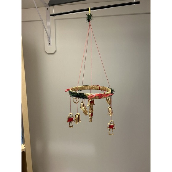 Vintage 80s Swedish Christmas Wreath Hanging Straw Scandinavian Mobile V23 - Picture 1 of 9